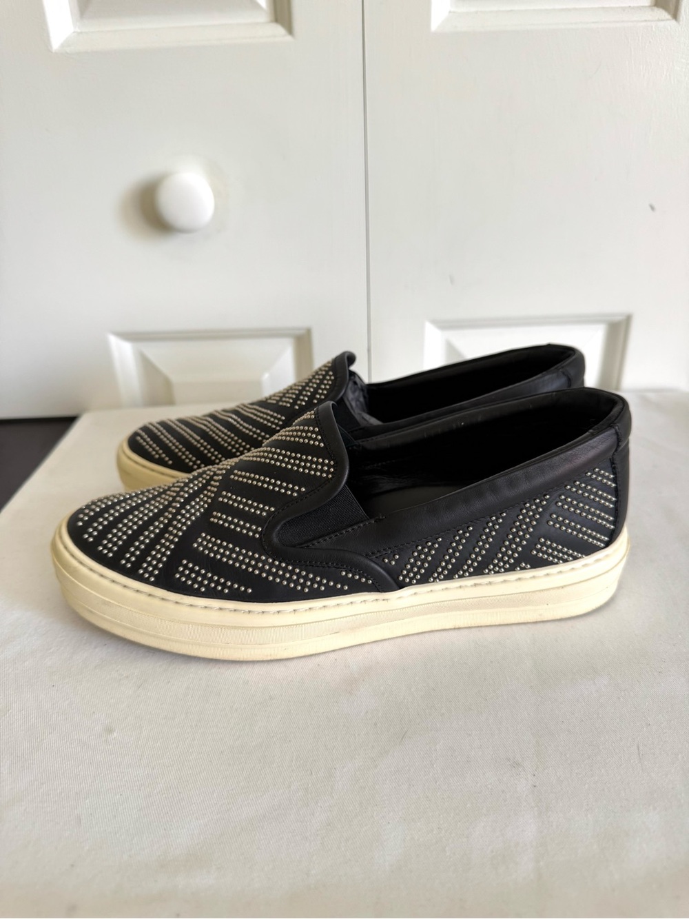 SALVATORE FERRAGAMO Women Navy Leather Studded Slip-on Sneakers 8